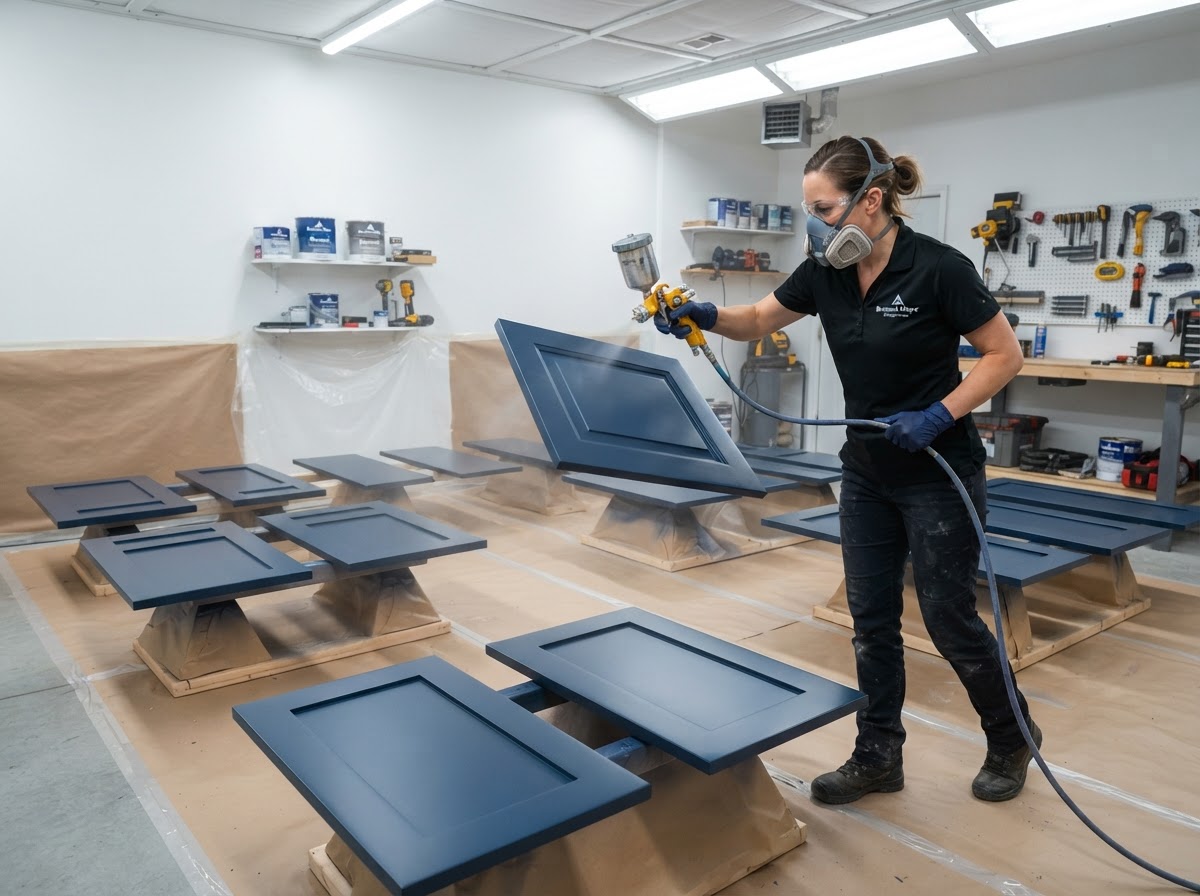 A specialist decorator using a spray gun to spray-finish cabinet doors laid flat on protective sheeting