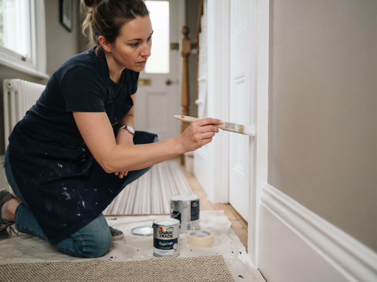 A professional decorator with a fine brush painting white skirting board and door frame woodwork in a British hallway