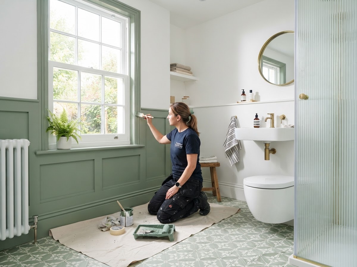 A bright British bathroom with clean painted walls and woodwork