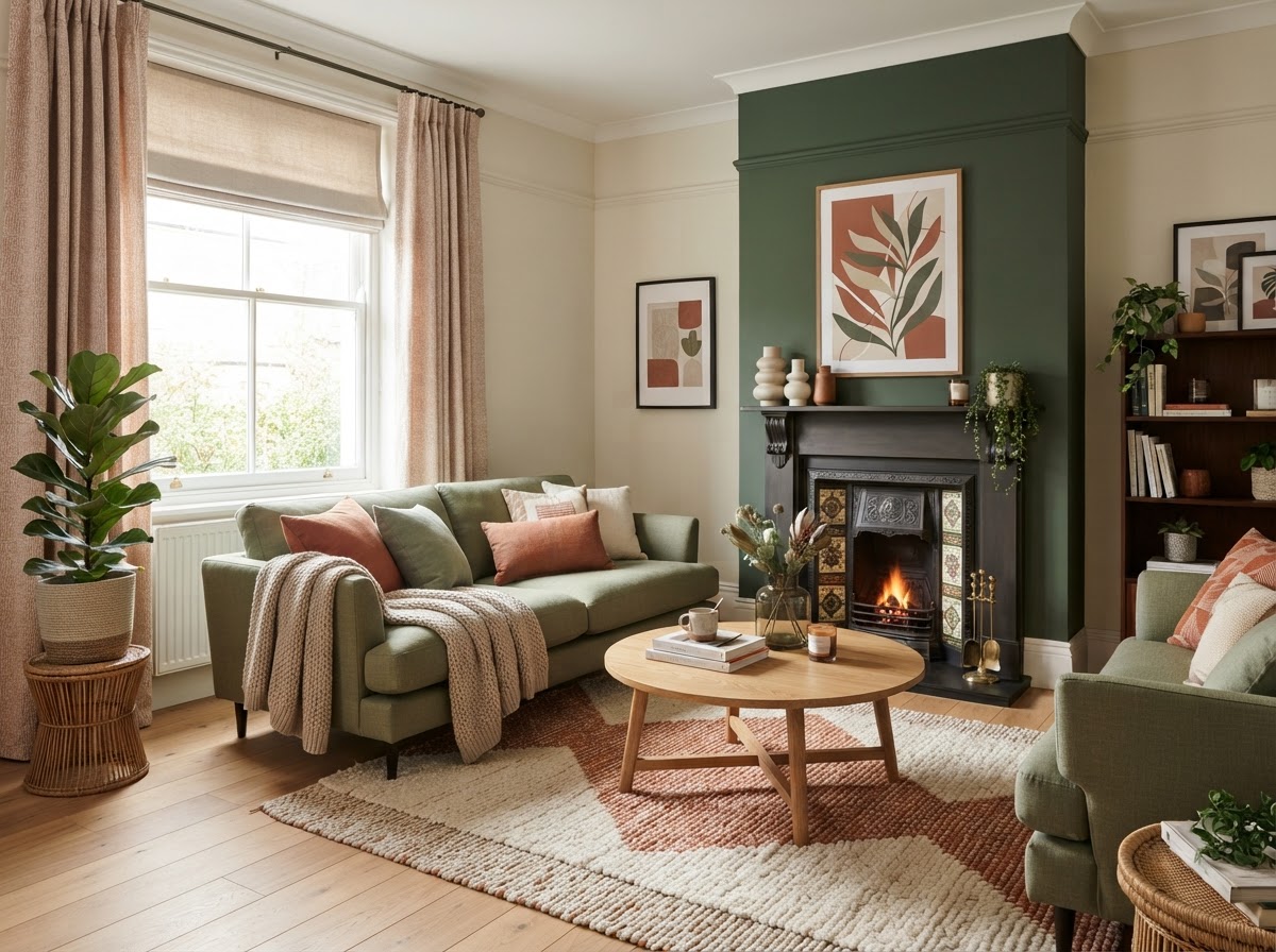 The same British living room after a stylish redecoration with warm ivory and heritage green tones