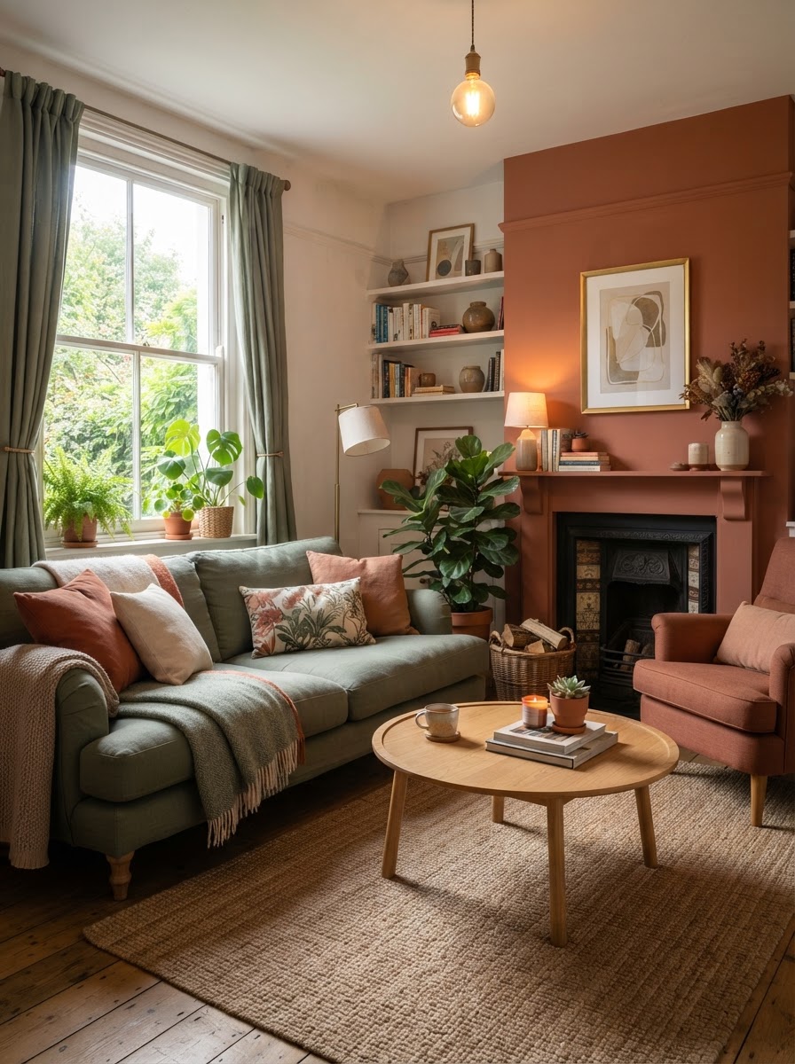 A warm contemporary living room concept with terracotta and sage green accents