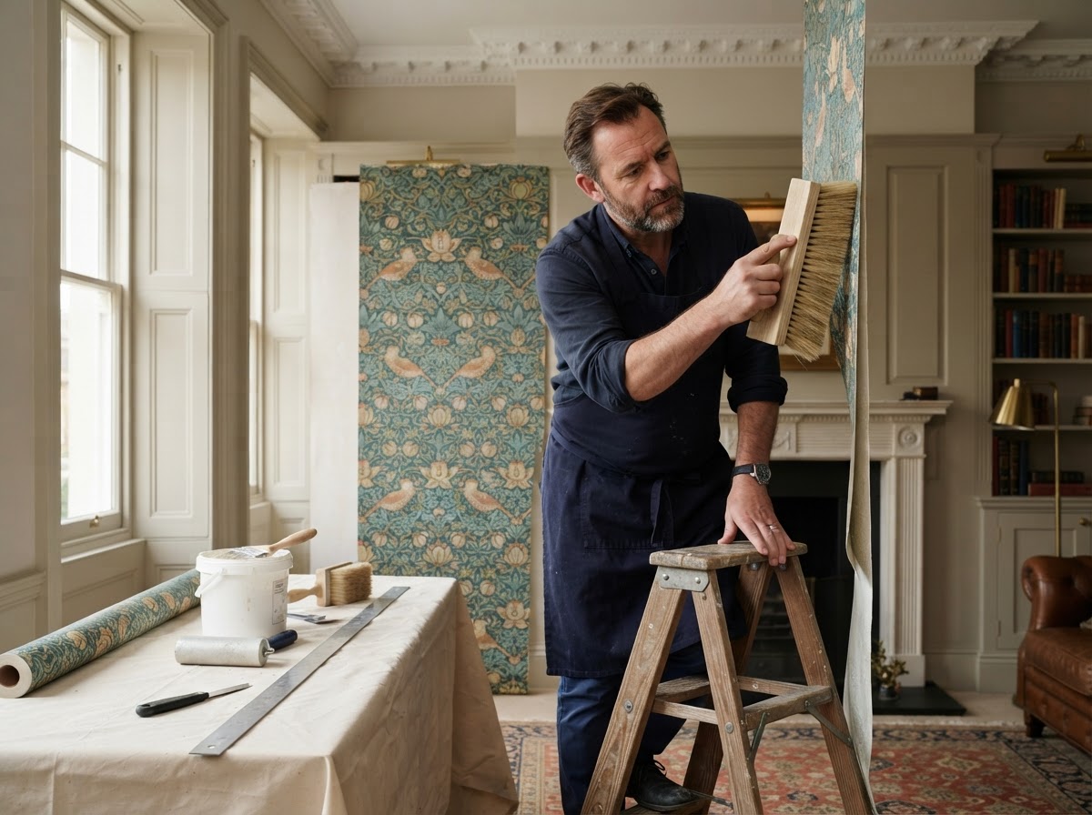 A professional decorator carefully installing wallpaper and smoothing it with a brush