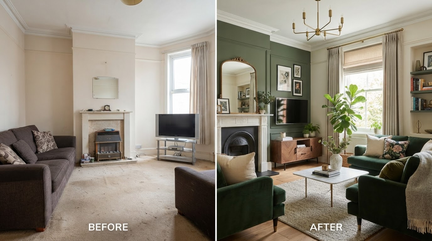A split-screen transformation of the same British living room, plain on one side and beautifully decorated on the other