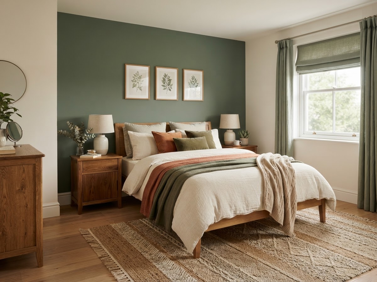 A restyled bedroom with a sage green feature wall