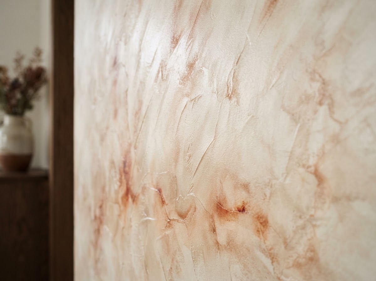 A close-up of a hand-troweled specialist decorative plaster finish on an interior wall in warm tones