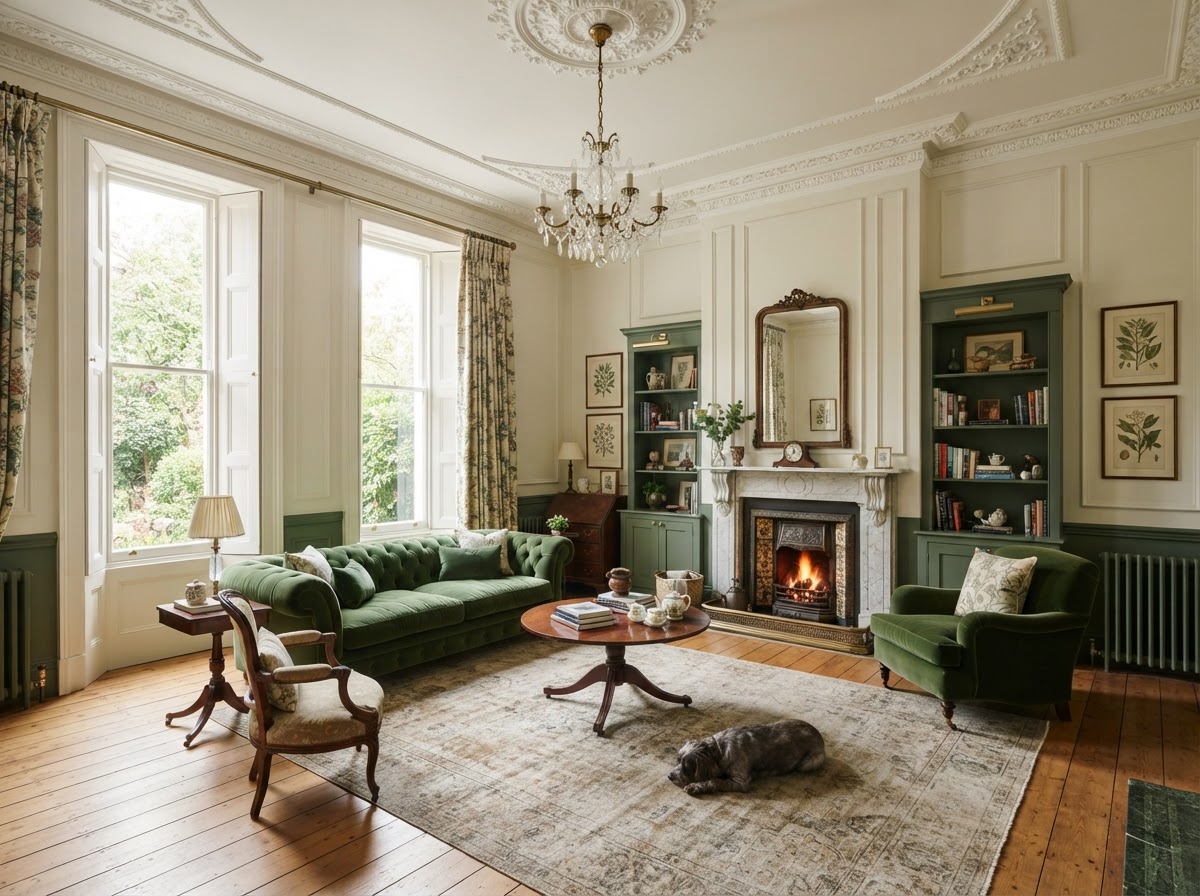 An elegant high-ceiling Victorian period living room decorated with heritage green and warm ivory walls, original cornice and sash windows