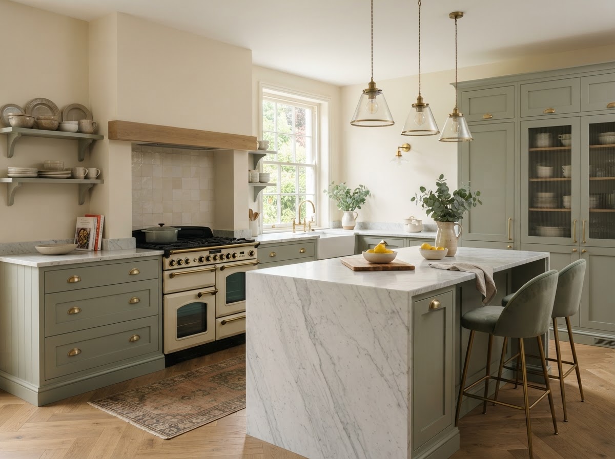 A freshly painted modern British kitchen with smooth sage-green painted cabinet doors and brushed brass handles