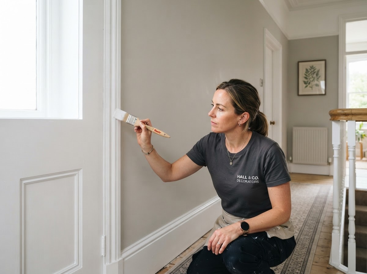 A crisp freshly painted white door, architrave and skirting board in a bright British hallway
