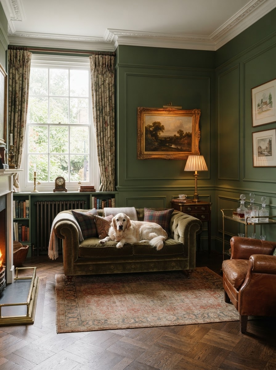 A classic elegant living room concept with heritage green walls and brass details