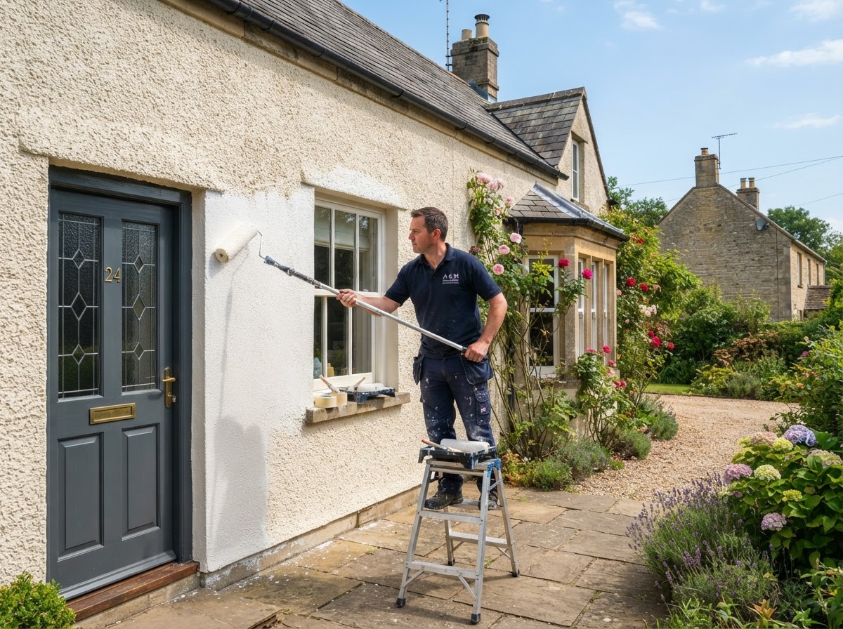 A professional painter using a roller to paint the rendered masonry exterior wall of a British house