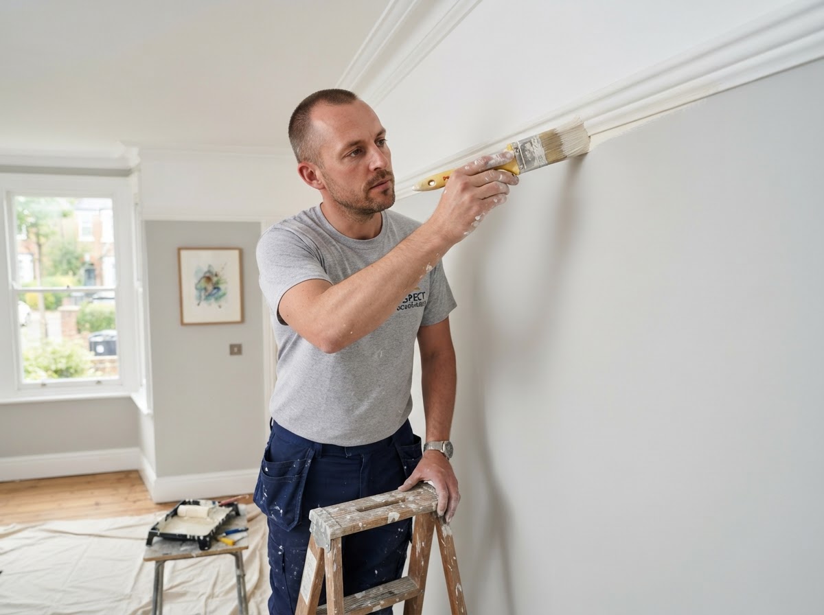 A professional painter using a brush to cut in precise paint edges near ceiling trim