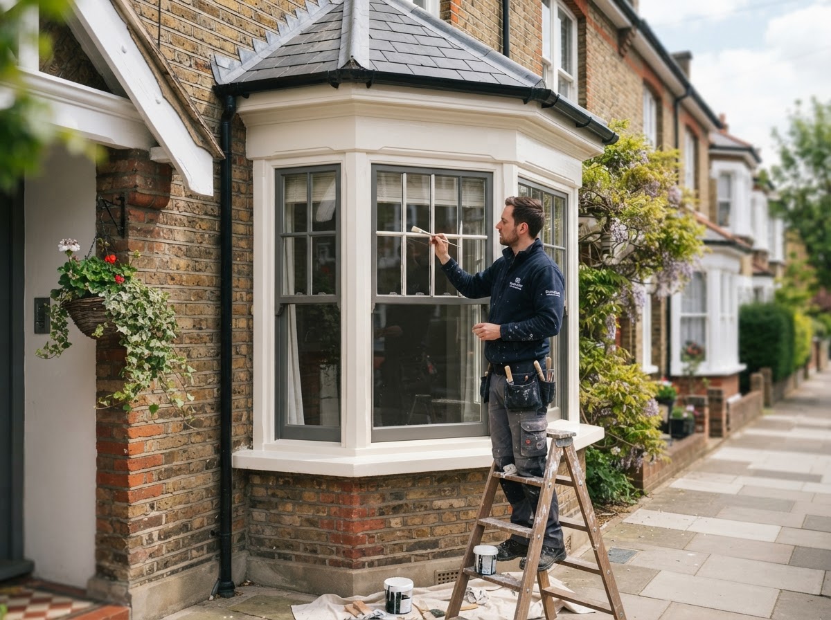 A professional painter using a fine brush to paint exterior wooden window frames and fascia boards on a British house