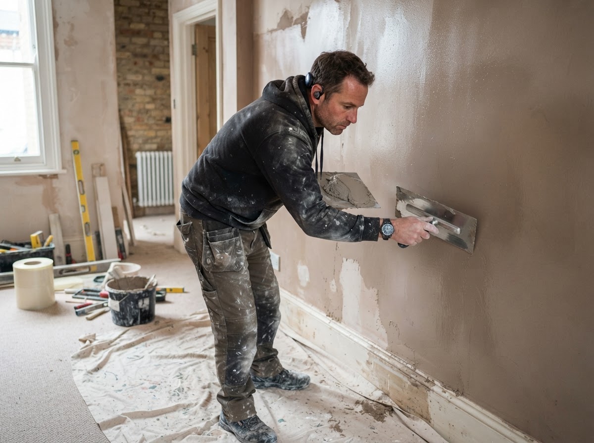 A plasterer skimming and smoothing a repaired interior wall with a trowel and fresh plaster