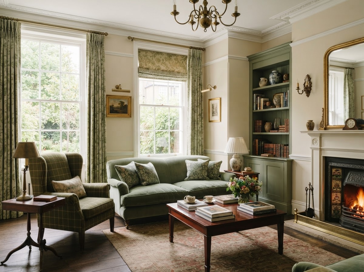 A beautifully finished British living room with warm ivory walls and heritage green accents