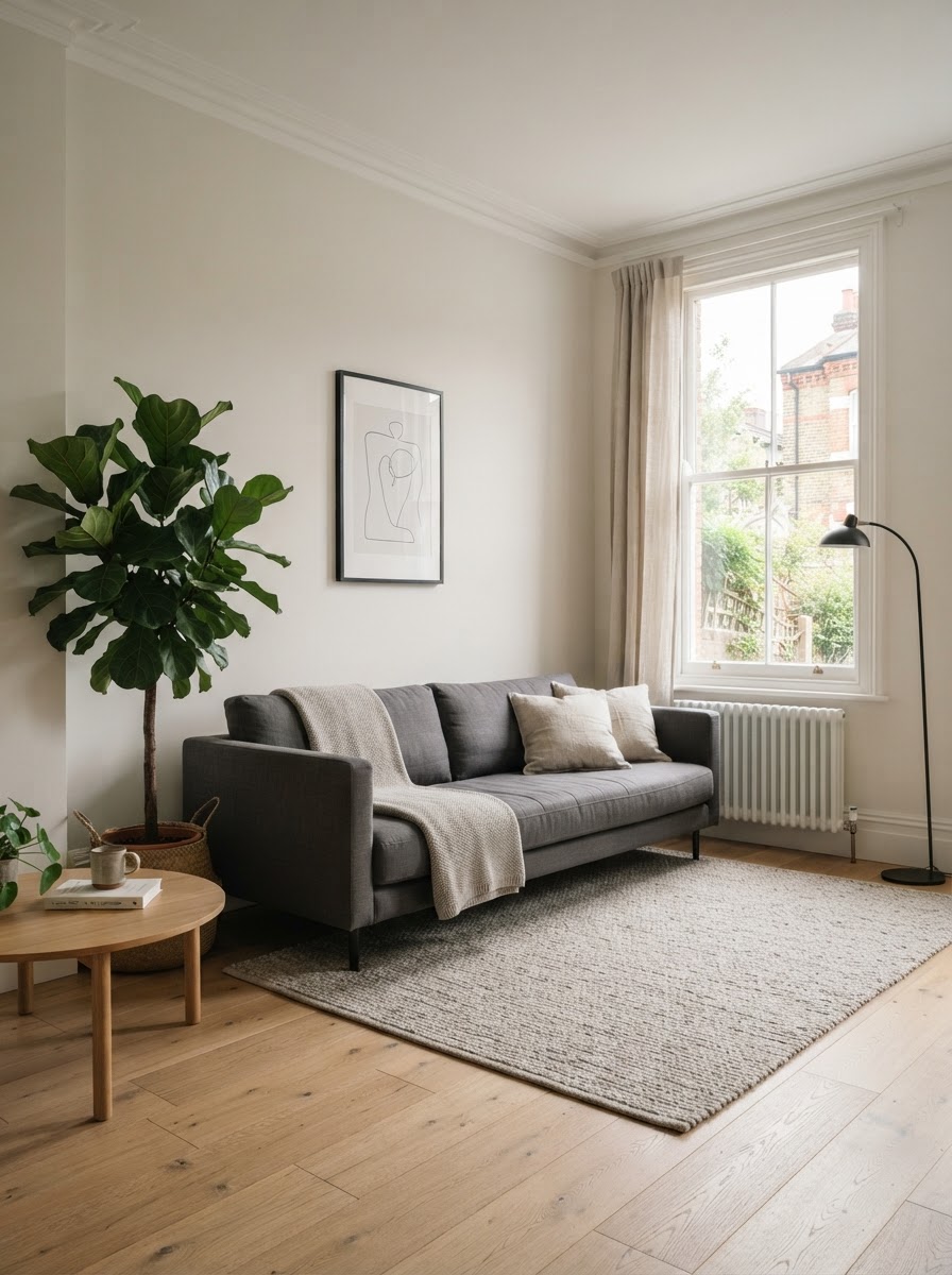 A modern minimalist living room concept with clean ivory walls and light oak floor