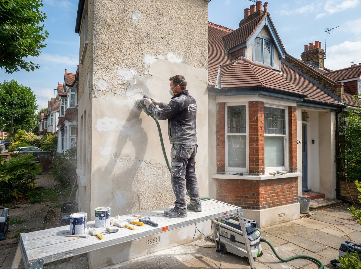 A decorator preparing and sanding an exterior masonry wall before painting