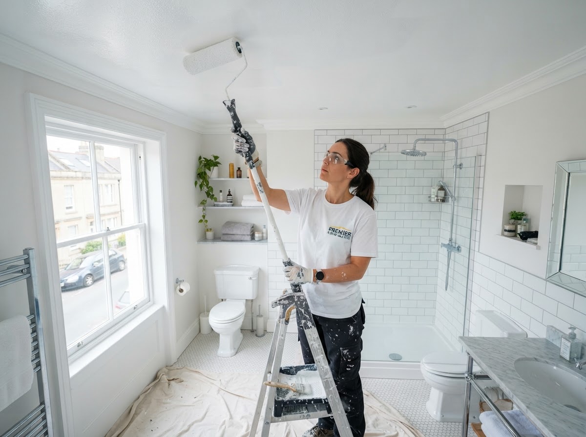 A specialist decorator applying anti-mould bathroom ceiling paint with a roller