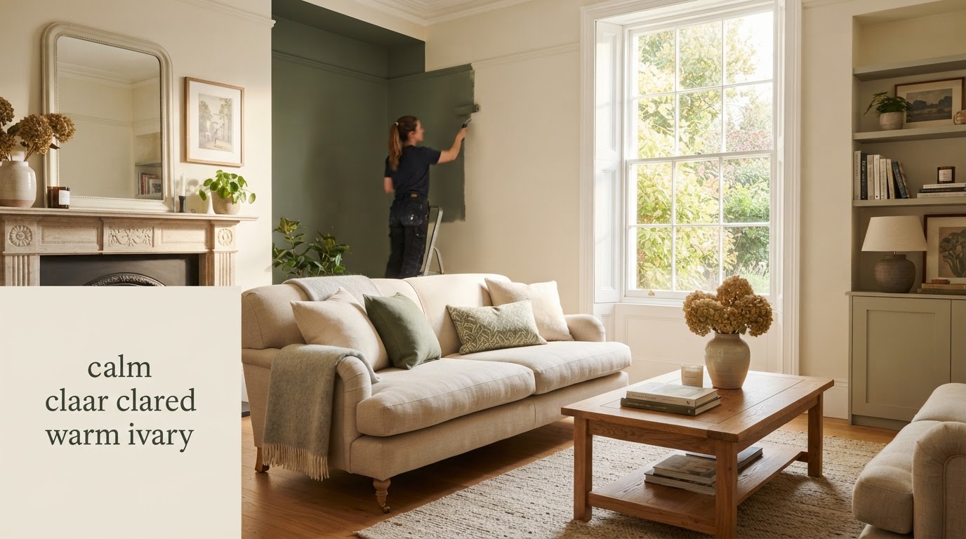 A beautifully decorated bright British living room with warm ivory walls, natural daylight and a professional decorator finishing a wall