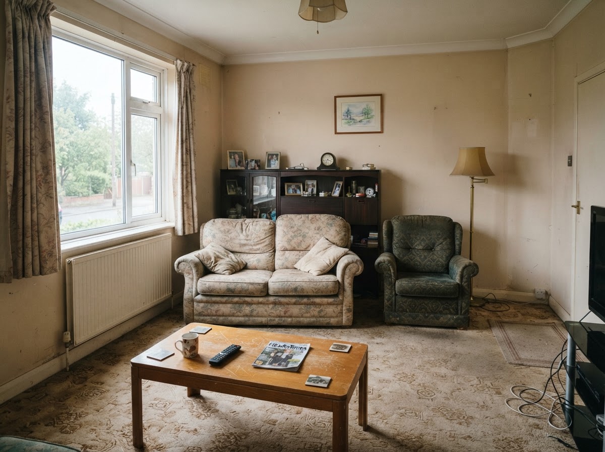 An ordinary British living room before decorating — plain magnolia walls and basic furniture
