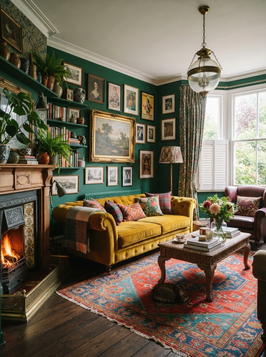 A bold colourful living room concept with jewel-tone walls and a velvet sofa
