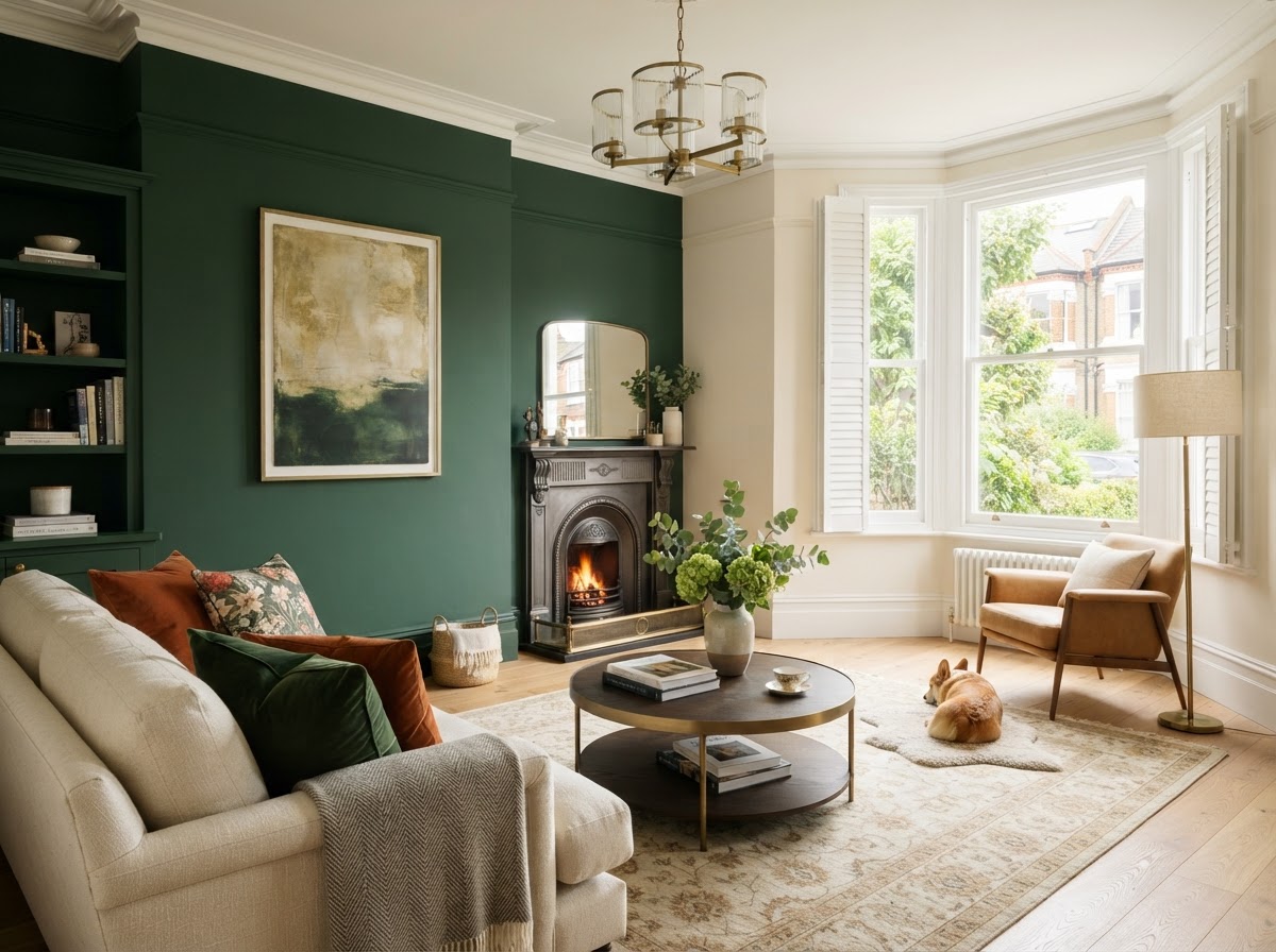 A bold heritage green feature wall in a bright modern British living room with warm ivory adjoining walls