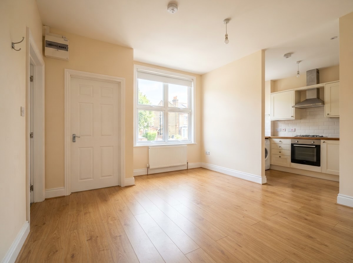 A freshly painted empty British rental flat interior with magnolia walls and clean woodwork, ready for new tenants