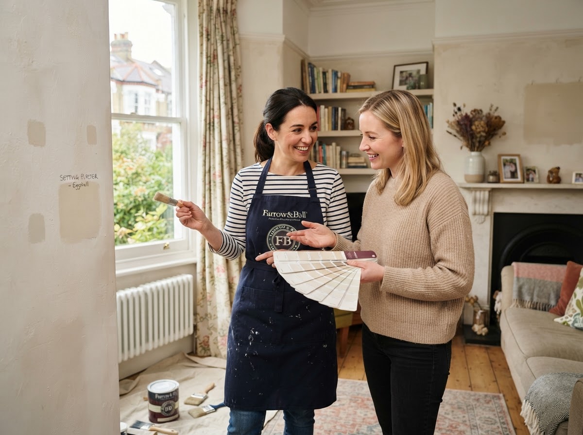 A professional decorator and homeowner reviewing a painted sample patch on a wall together