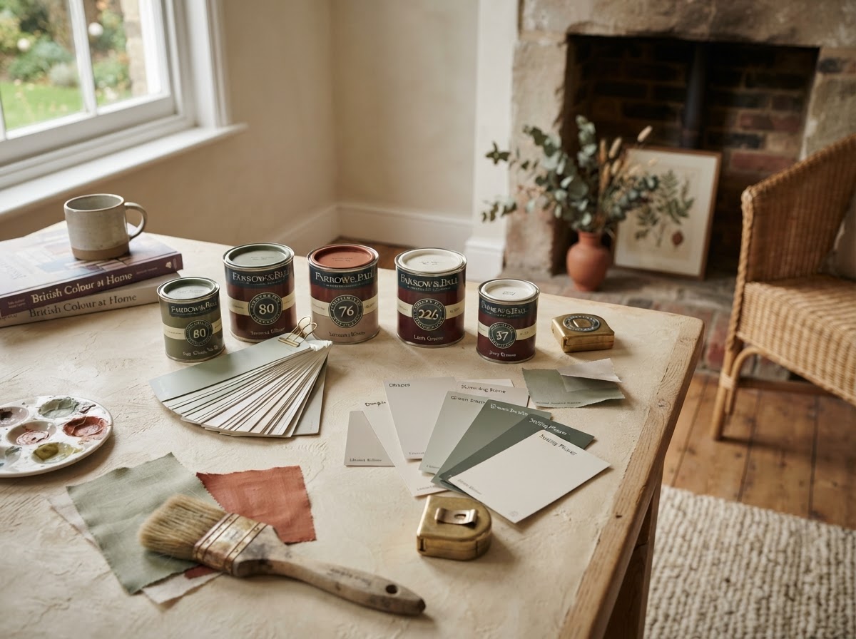 Paint colour swatch cards and sample pots arranged on a warm ivory surface