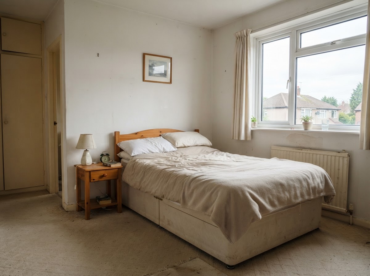 An ordinary British bedroom before decorating — plain off-white walls and neutral bedding