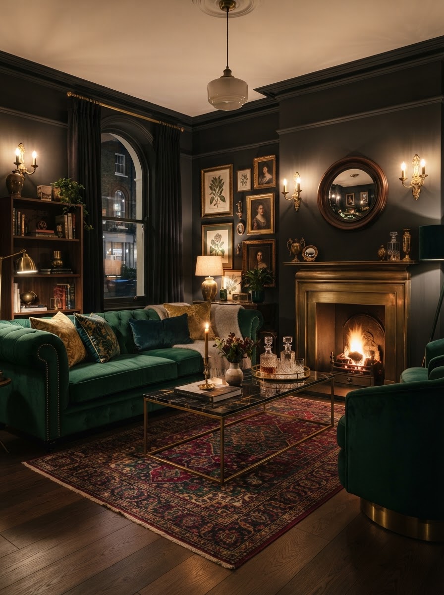 A luxury boutique-style living room concept with rich emerald and brass accents