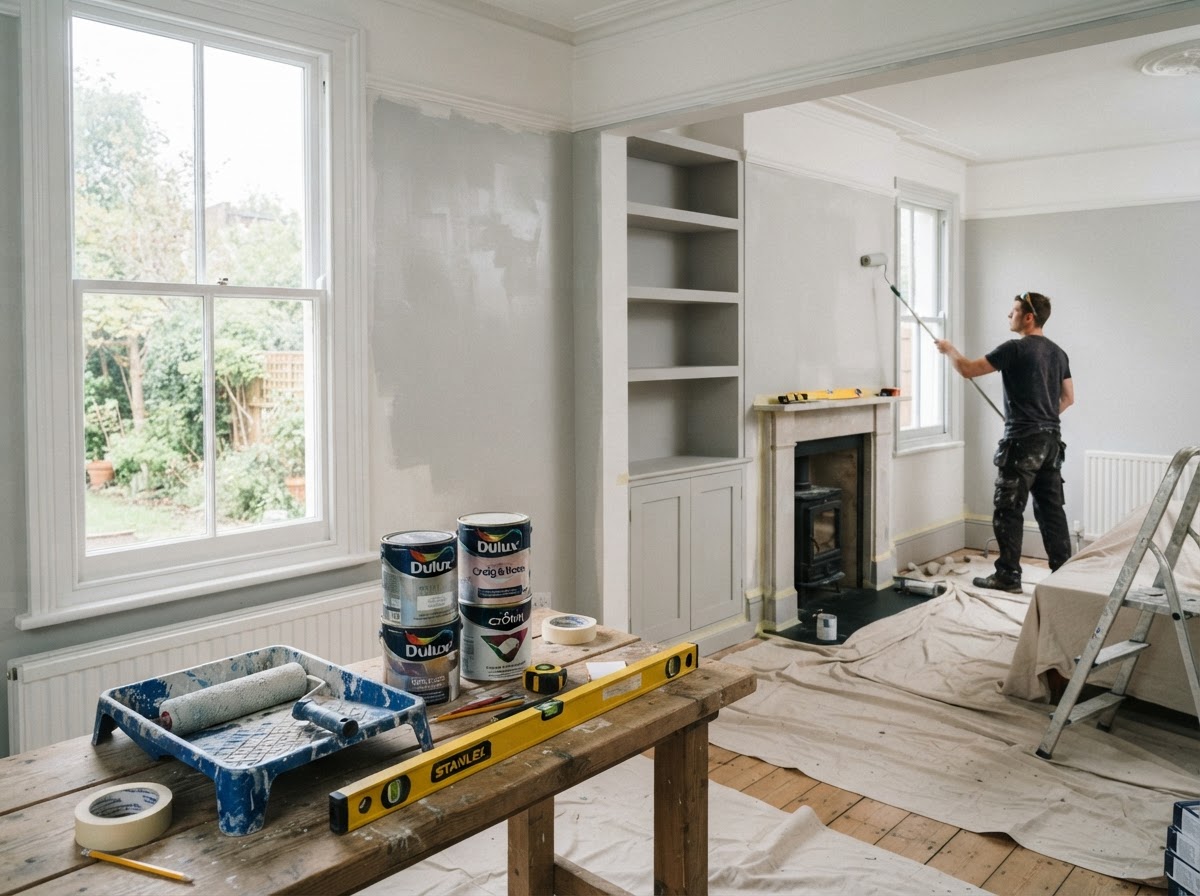 A tidy room renovation in progress with dust sheets, paint tins and a roller tray