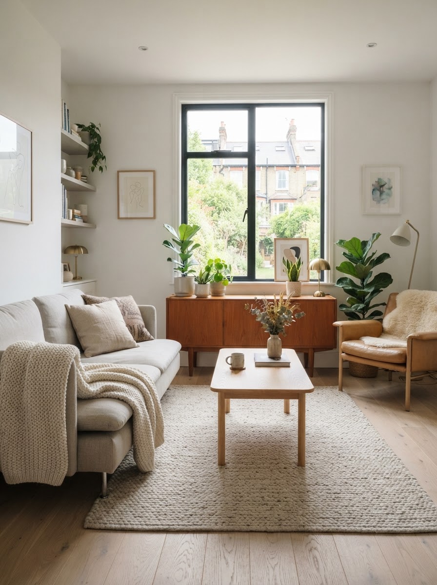 A Scandinavian-style living room concept with pale wood and soft neutrals