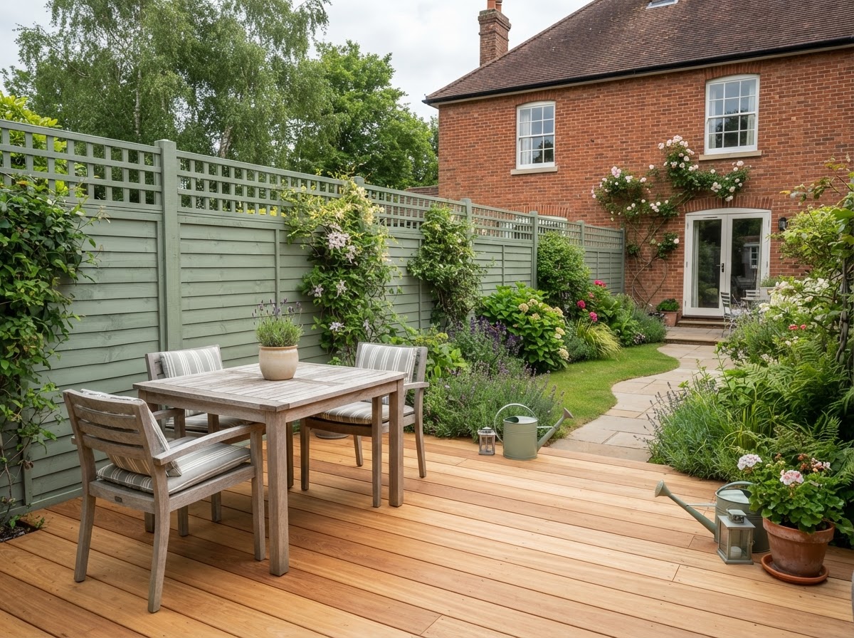 A freshly painted garden fence and wooden decking in a tidy British back garden