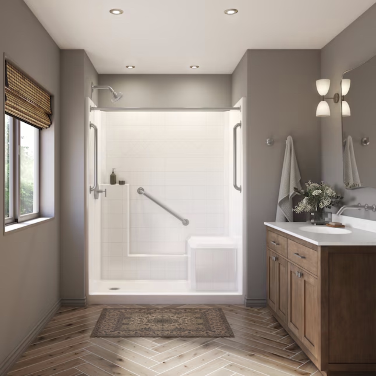 Walk-in shower installation with seat and grab bars