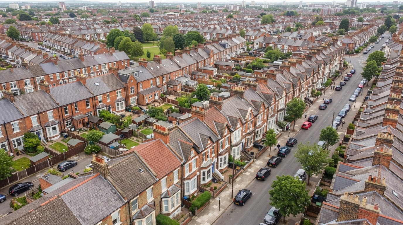 Row of traditional British houses with pitched tiled roofs and chimney stacks