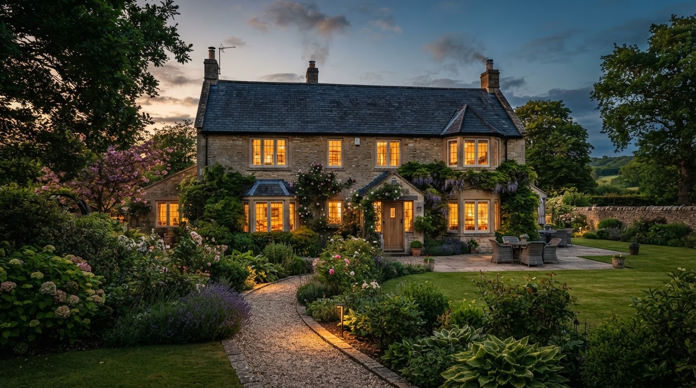 Beautiful British detached home with a clean dark slate roof at dusk