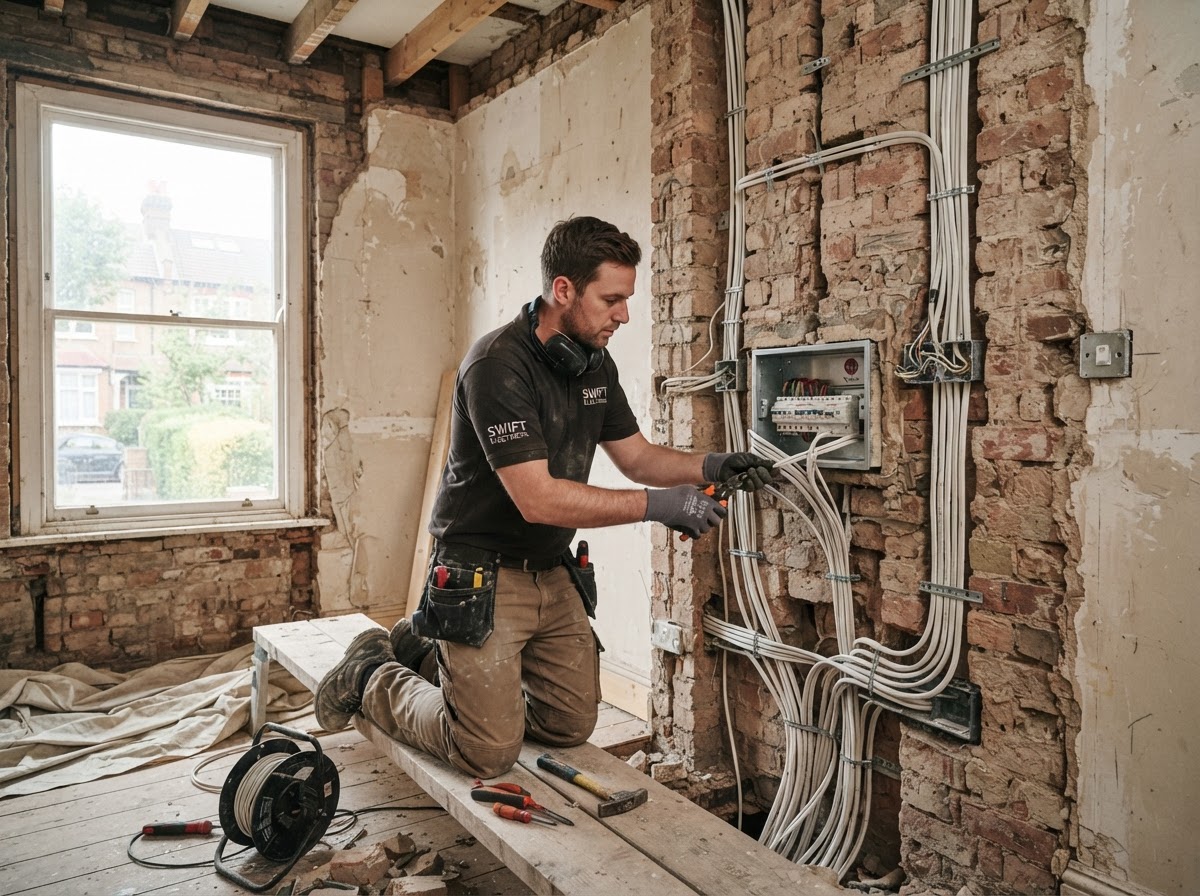 Neatly routed electrical cables within a wall during a home rewiring project