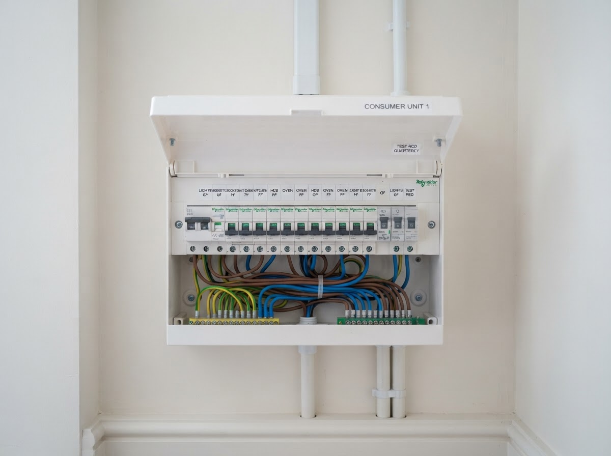 Newly installed white consumer unit with organised RCBO circuit breakers