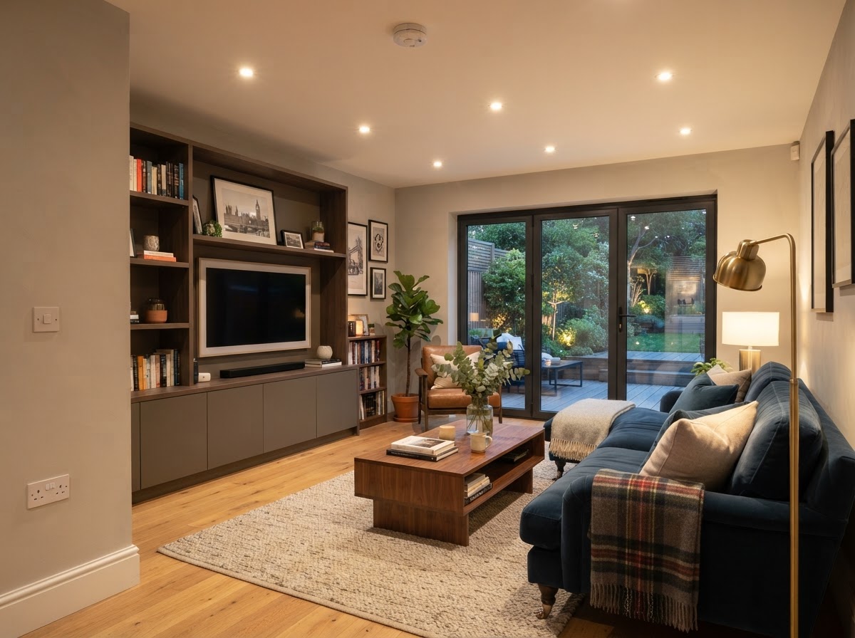 Bright modern UK living room with recessed LED lighting