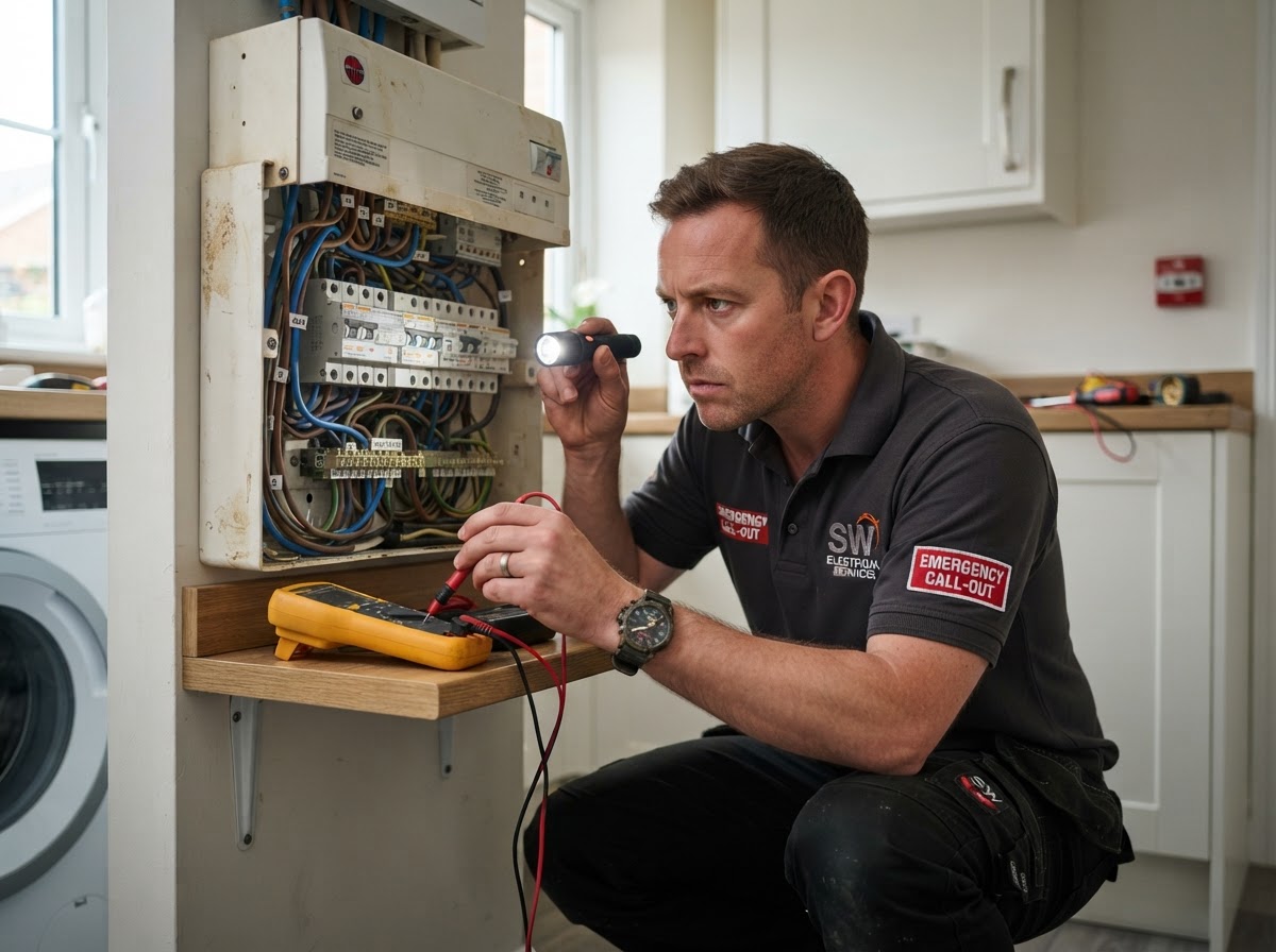 Electrician using a torch to inspect a consumer unit during an urgent callout