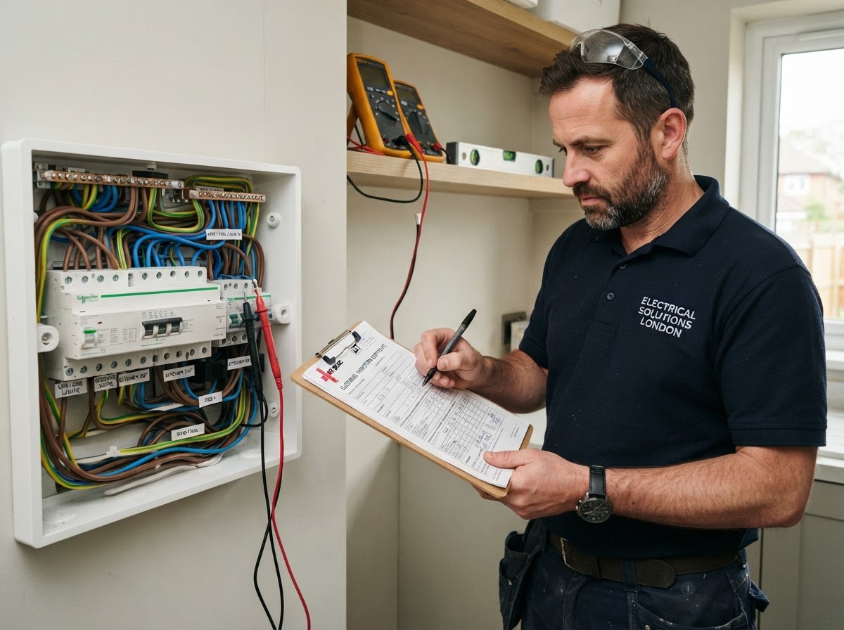 Electrician completing an electrical inspection certificate beside an open consumer unit
