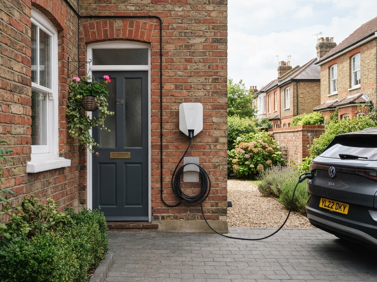 Modern electric vehicle charge point mounted on the exterior wall of a UK home