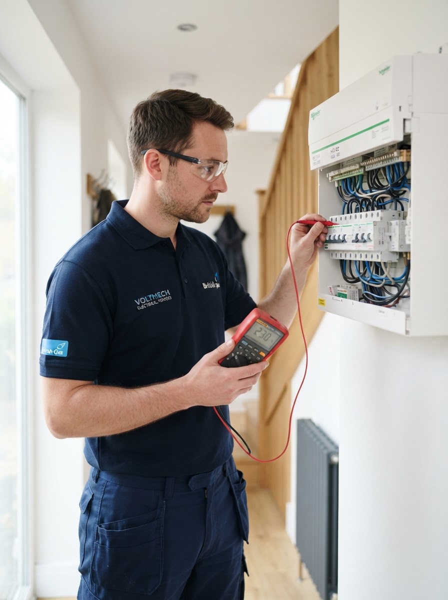 Professional electrician inspecting a modern consumer unit in a UK home