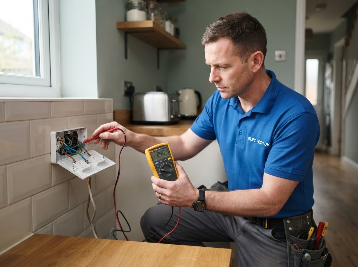 Electrician using a digital multimeter to test a wall socket