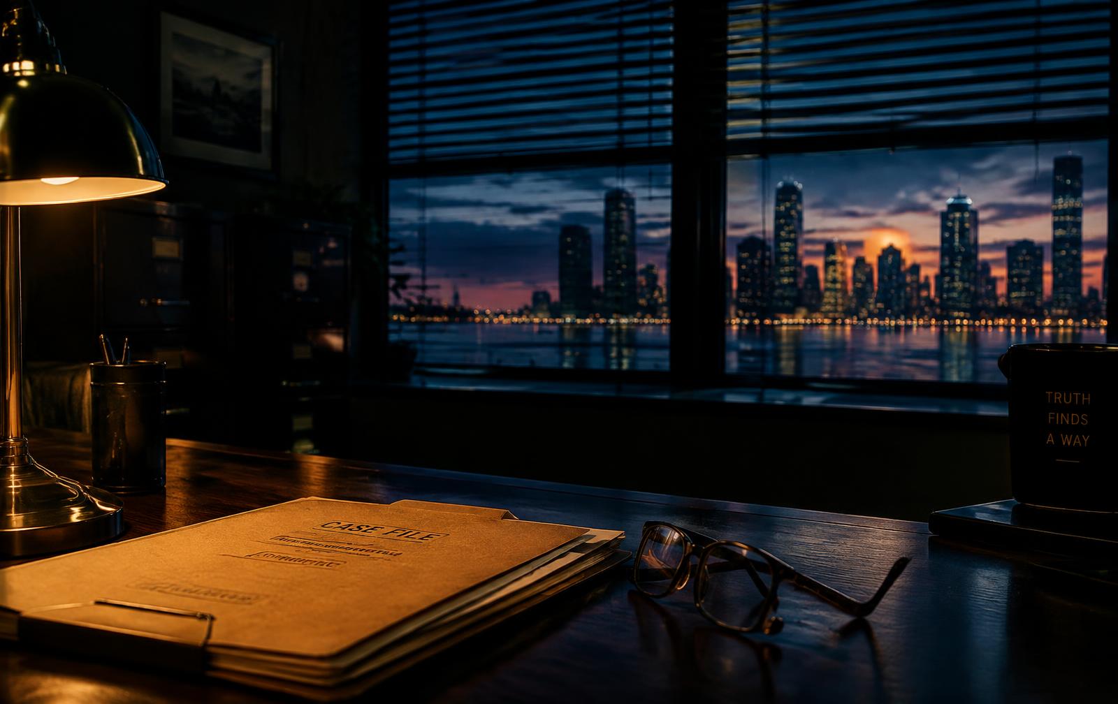 Investigator's desk overlooking a Florida skyline at dusk