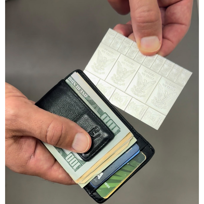 Wallet-sized break-apart silver Prepper Bar welcome gift shown alongside wallet and everyday carry items