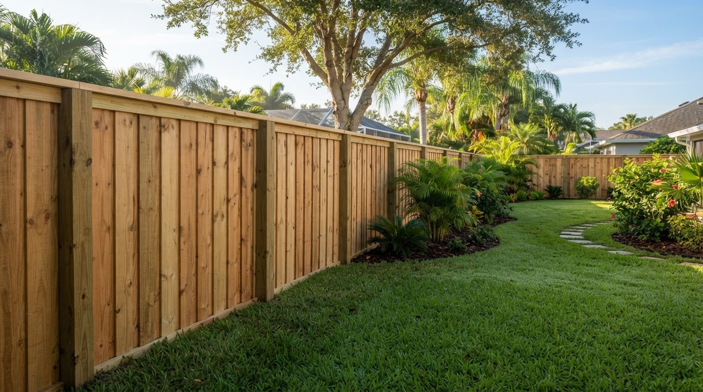 New six-foot pressure-treated wood privacy fence with clean cap rail installed beside a green St. Augustine lawn