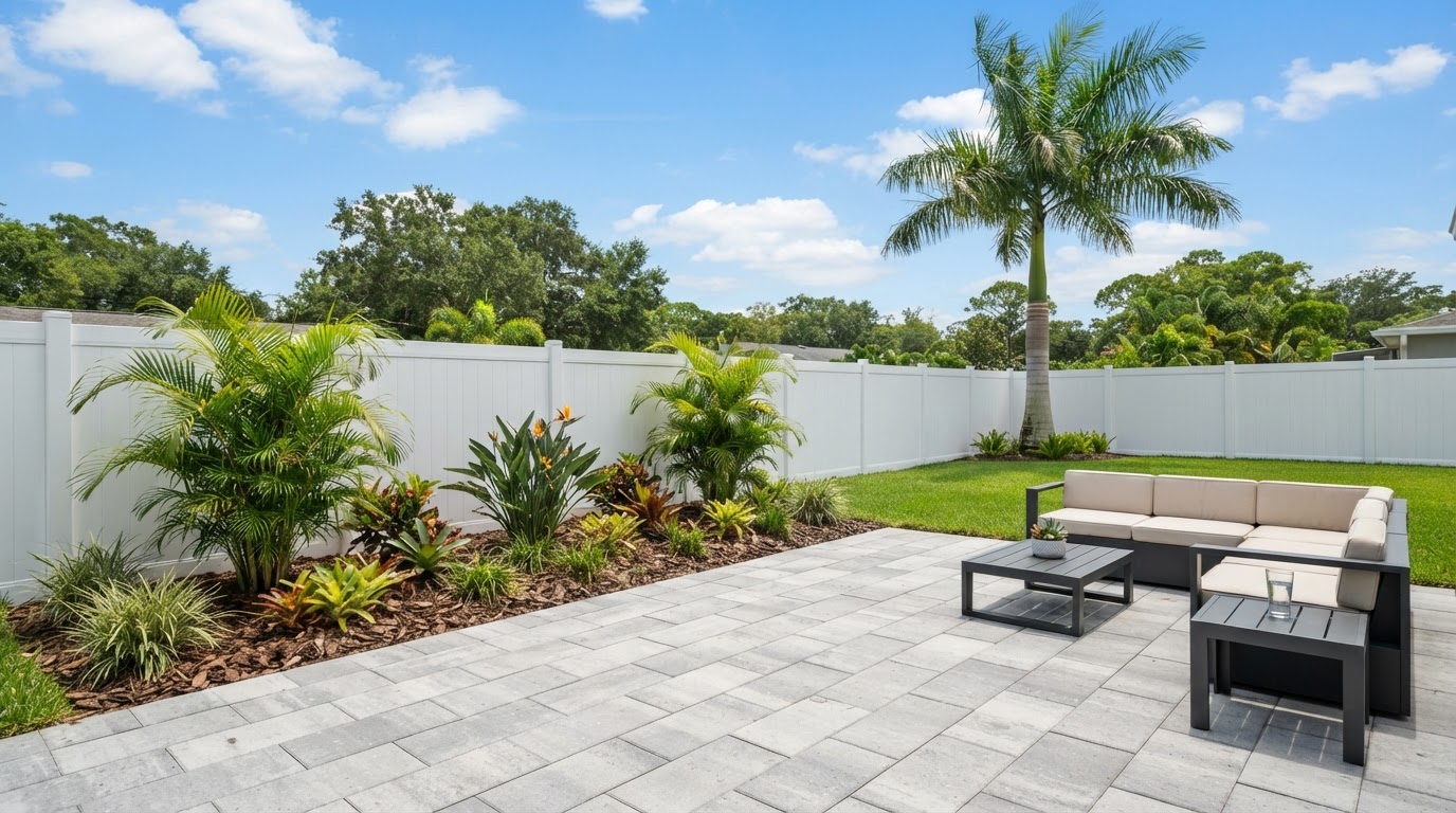 Bright white vinyl privacy fence installed around a backyard with a paver patio and a palm tree