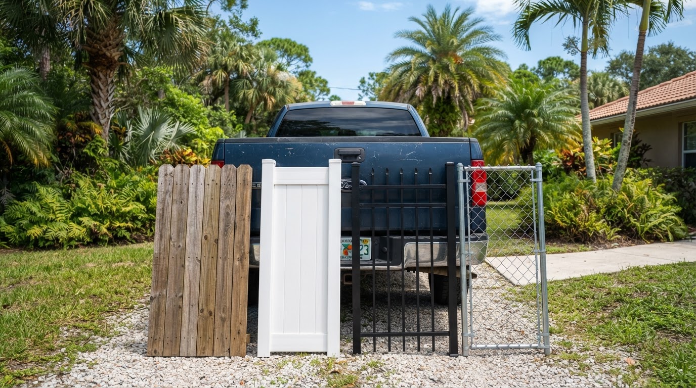 Wood picket, white vinyl, black aluminum, and galvanized chain link fence material samples leaning against a truck tailgate in a sunny Florida yard