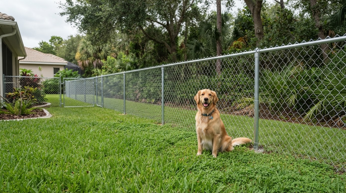 New galvanized chain link fence installed along a backyard property line with a dog in the grass